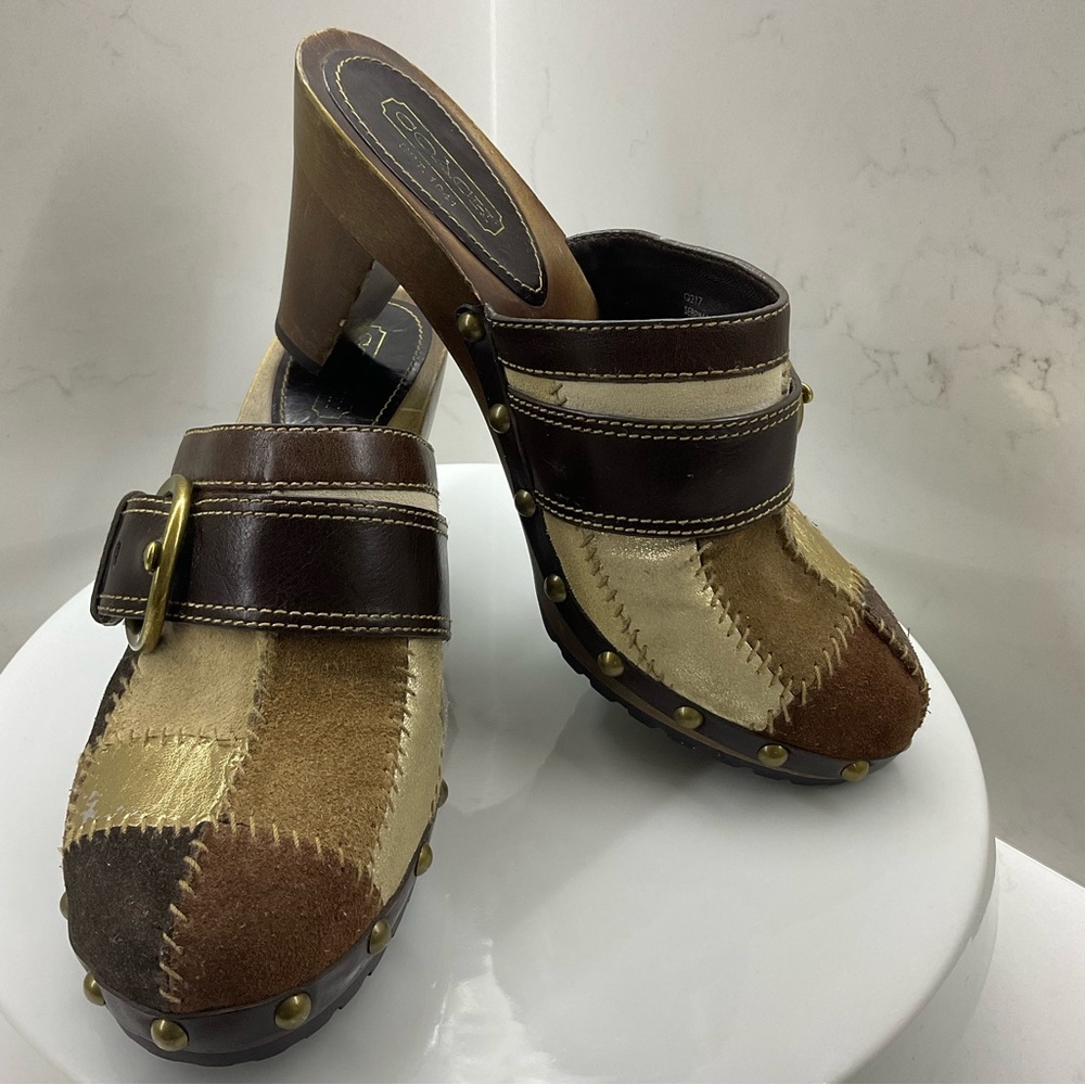 Coach Sebrina leather/suede patchwork mule heels Size 7.5